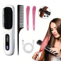 Portable Wireless Hair Straightener Brush | USB Rechargeable Negative Ion Hot Comb with LED Display & Adjustable Temperature