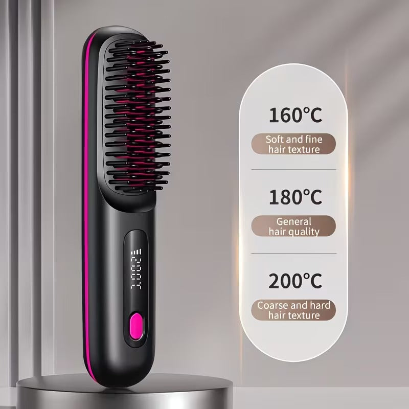 Portable Wireless Hair Straightener Brush | USB Rechargeable Negative Ion Hot Comb with LED Display & Adjustable Temperature